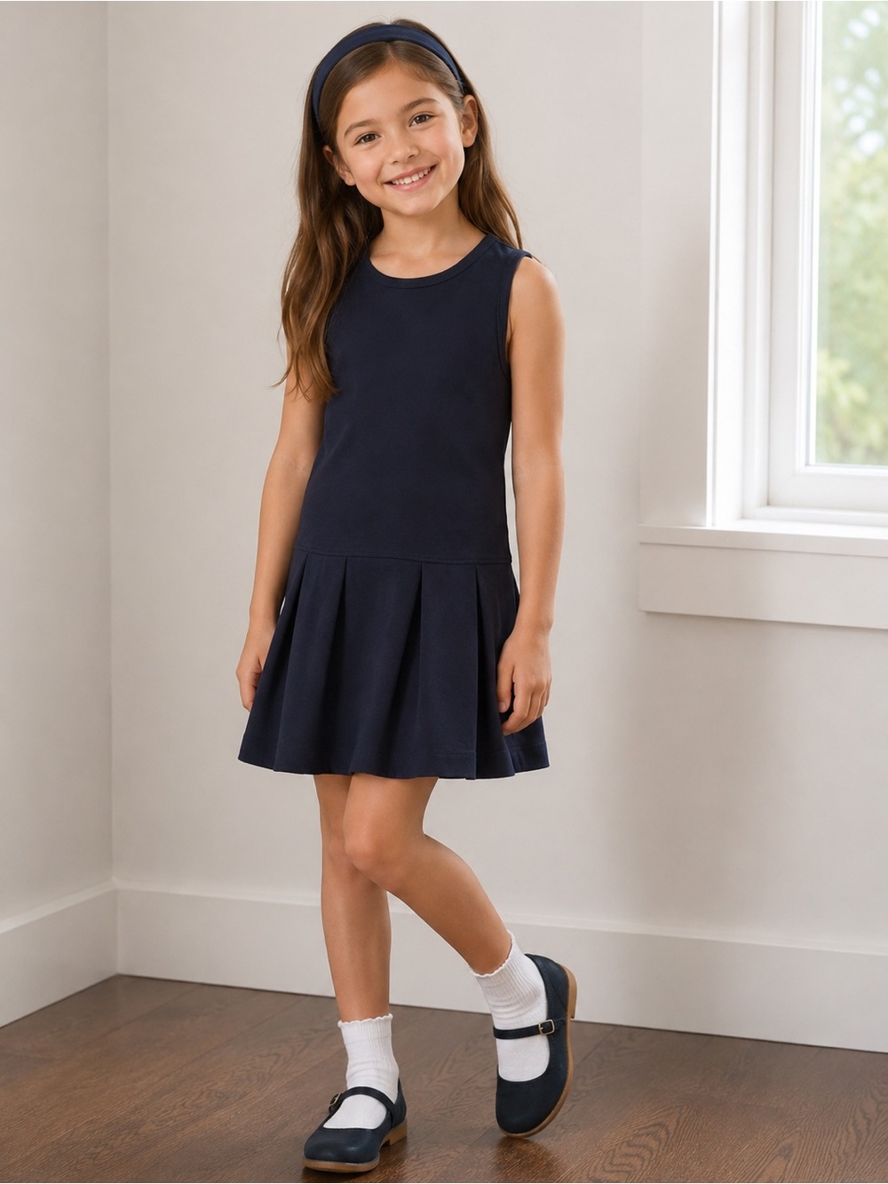 Crewcuts Girls Navy Uniform Sleeveless Knit Dress Size 7 Pleated School